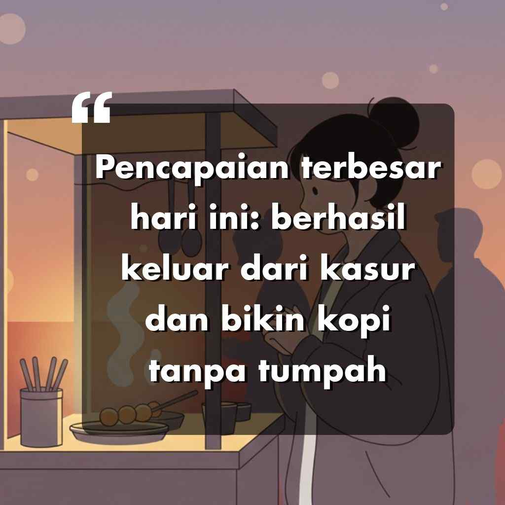 Seseorang berdiri di dekat gerobak kopi saat matahari terbit, memegang secangkir kopi. Teks dalam bahasa Indonesia berbunyi, Pencapaian terbesar hari ini: berhasil keluar dari kasur dan membuat kopi tanpa tumpah.