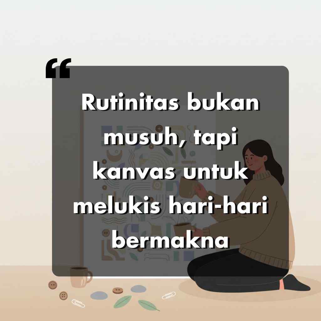 Seorang wanita duduk di atas lukisan lantai, dengan kutipan besar dalam bahasa Indonesia di atasnya: Rutinitas bukan musuh, tapi kanvas untuk melukis hari-hari yang bermakna (Rutinitas bukan musuh, tapi kanvas untuk melukis hari-hari yang bermakna).
