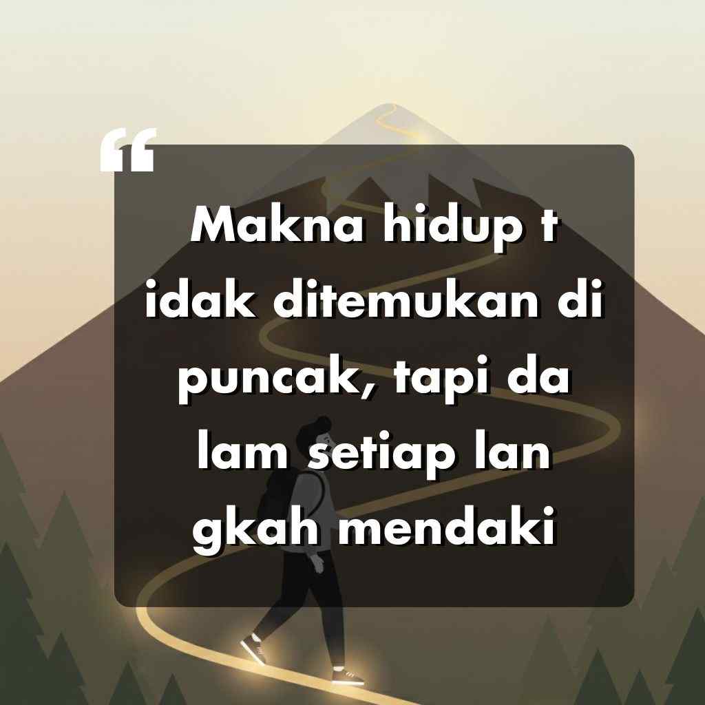 Seseorang dengan tas ransel berjalan mendaki jalan berliku di gunung saat matahari terbit. Teks yang dilapiskan dalam bahasa Indonesia berbunyi, Makna hidup tidak ditemukan di puncak, tetapi di setiap langkah mendaki.