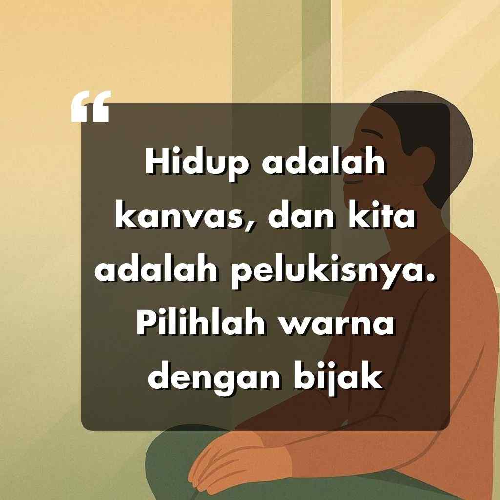 Seseorang yang sedang duduk di dalam ruangan dengan ekspresi serius. Teks yang dilapiskan dalam bahasa Indonesia berbunyi: Hidup adalah kanvas, dan kita adalah pelukisnya. Pilihlah warna dengan bijak.