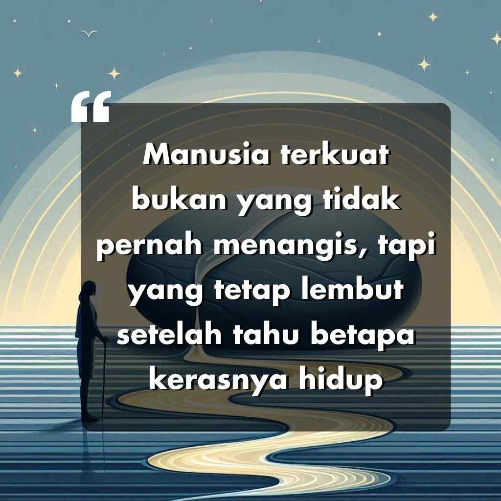 Seseorang berdiri di samping jalan berliku di tepi air di bawah langit berbintang dan bulan sabit, dengan kutipan dalam bahasa Indonesia tentang kekuatan dan kelembutan dalam menghadapi kesulitan hidup.