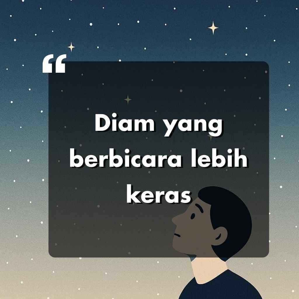 Seorang kartun sedang menatap langit malam yang bertabur bintang. Di tengahnya, sebuah kotak gelap berisi kutipan Diam yang berbicara lebih keras, yang berarti Diam yang berbicara lebih keras.