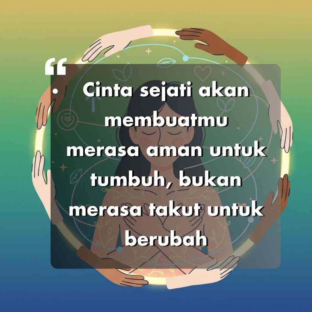 Seorang wanita dengan rambut panjang duduk dengan tenang di tengah, dikelilingi oleh lingkaran bercahaya dan beragam tangan yang mengulurkan tangan. Kata-kata motivasi hidup dalam teks bahasa Indonesia menghiasi gambar dengan latar belakang gradien.