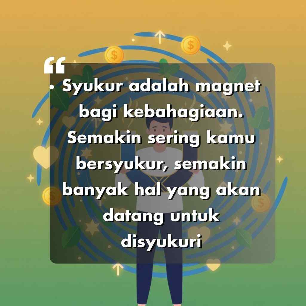 Seseorang berdiri dengan tangan sedikit terentang, dikelilingi oleh koin dan hati, dengan kata kata motivasi hidup tentang rasa syukur dan kebahagiaan yang ditulis dalam teks putih tebal di atas kotak transparan gelap. Latar belakangnya berwarna kuning dan hijau.