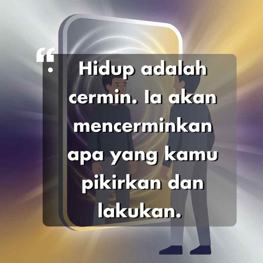 Seseorang berdiri di depan cermin besar, menatap bayangannya. Garis-garis cahaya abstrak yang hidup mewarnai latar belakangnya. Teks yang dilapiskan dalam bahasa Indonesia berisi kata kata motivasi hidup: Hidup adalah cermin. Ia akan mencerminkan apa yang Anda pikirkan dan lakukan.