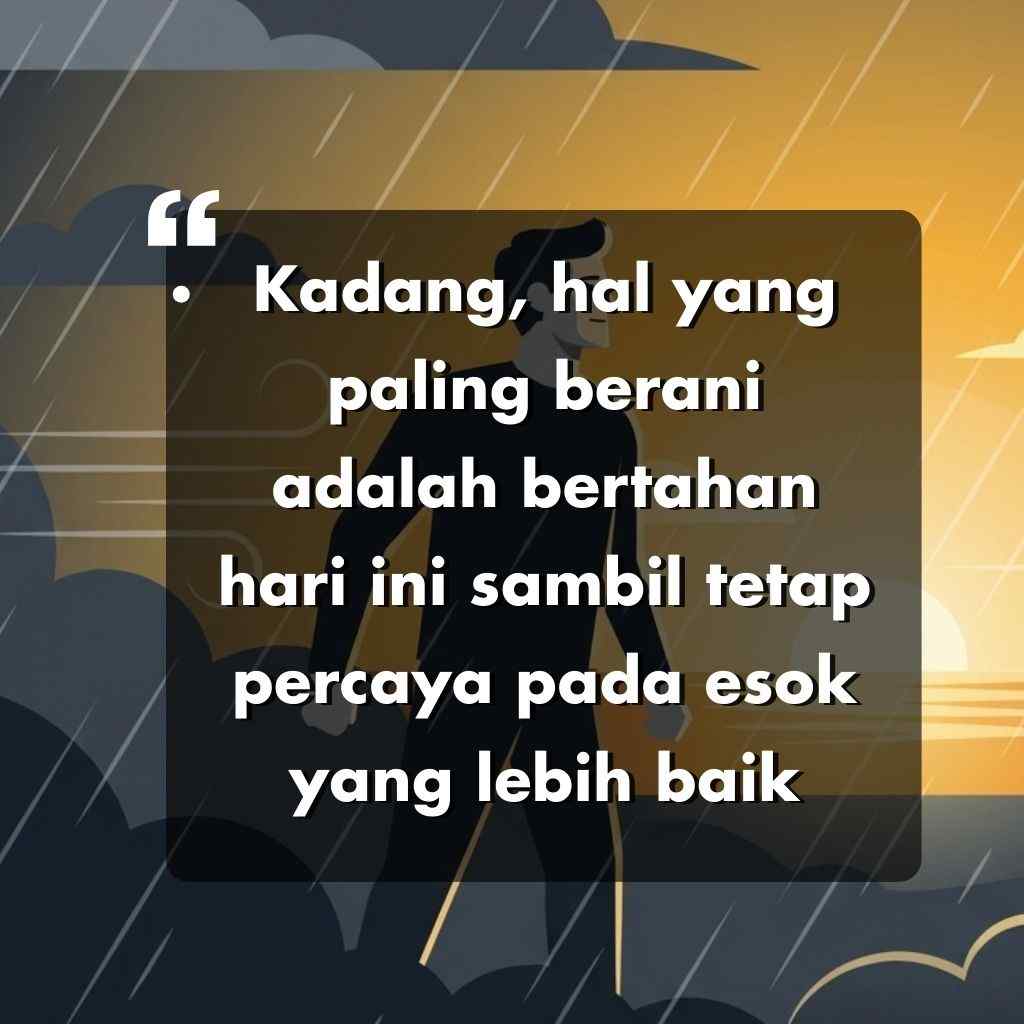 Seseorang berdiri di tengah hujan di bawah awan gelap, dengan kutipan dalam bahasa Indonesia: Terkadang, hal yang paling berani adalah bertahan hari ini sambil tetap percaya pada hari esok yang lebih baik-kata-kata motivasi hidup.