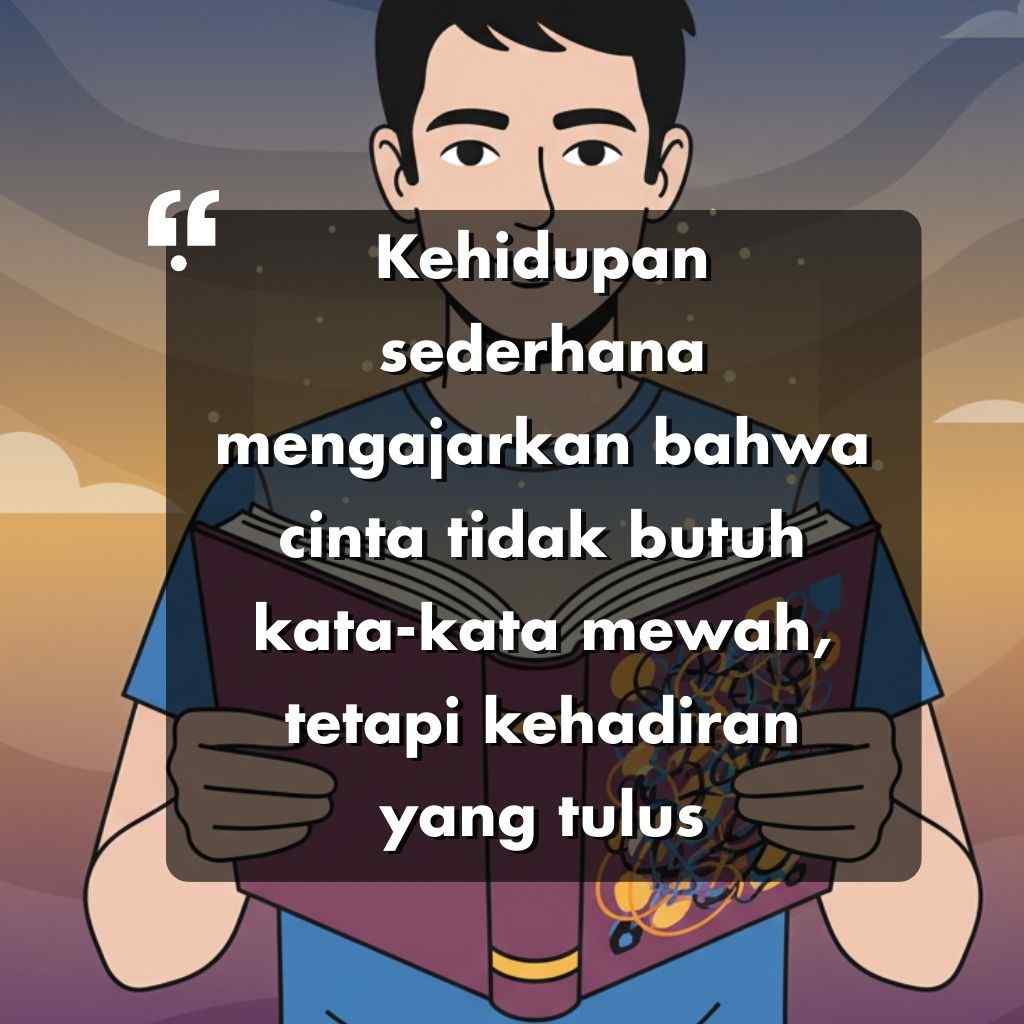 Ilustrasi seseorang yang sedang memegang buku yang terbuka, dengan tulisan kata-kata motivasi hidup dalam bahasa Indonesia: Kehidupan sederhana mengajarkan bahwa cinta tidak butuh kata-kata mewah, tetapi kehadiran yang tulus.