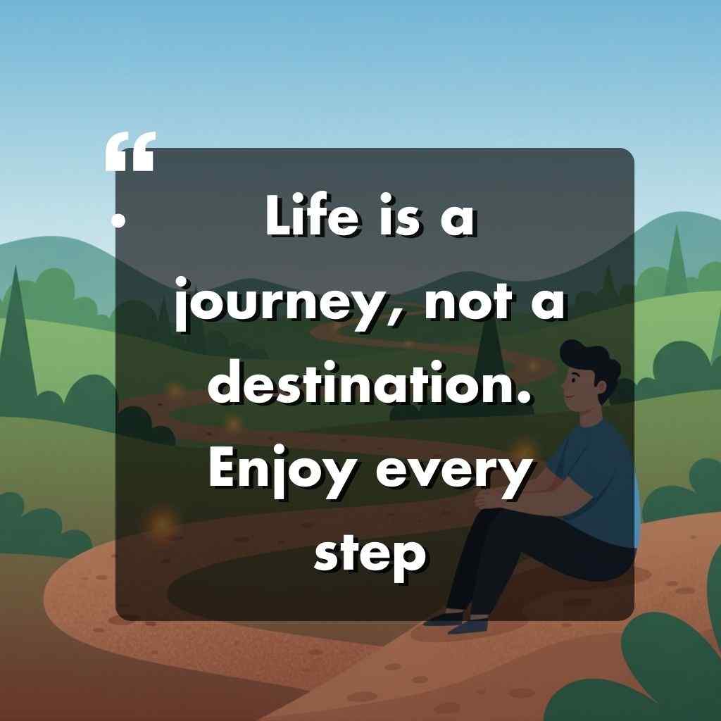 Seseorang duduk di tepi jalan berliku yang dikelilingi oleh bukit dan pepohonan hijau. Teks yang dilapiskan berbunyi: Hidup adalah sebuah perjalanan, bukan tujuan. Nikmati setiap langkah-temukan inspirasi dari kata kata motivasi hidup di sepanjang jalan ini.