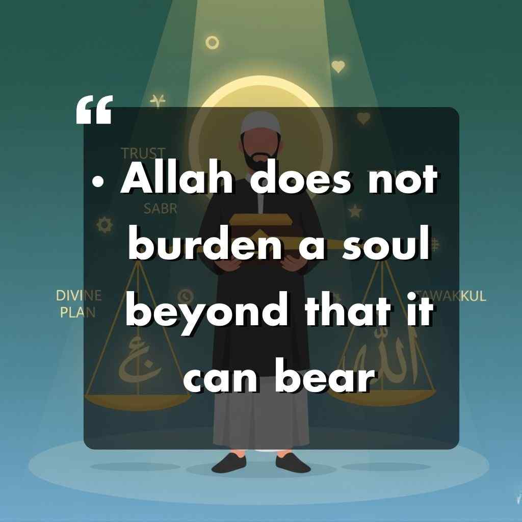 Seseorang dengan pakaian tradisional Islam berdiri memegang sebuah buku dengan lingkaran cahaya di belakang kepalanya. Teksnya berbunyi: Allah tidak membebani seseorang melainkan sesuai dengan kesanggupannya-kata-kata motivasi hidup. Timbangan dan kata-kata seperti kepercayaan dan rencana ilahi ada di latar belakang.