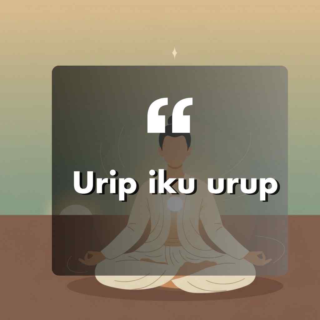 Ilustrasi seseorang yang sedang bermeditasi dengan kutipan dalam bahasa Jawa, Urip iku urup, ditampilkan secara mencolok di bagian tengah gambar. Latar belakangnya adalah gradasi warna tanah yang lembut.