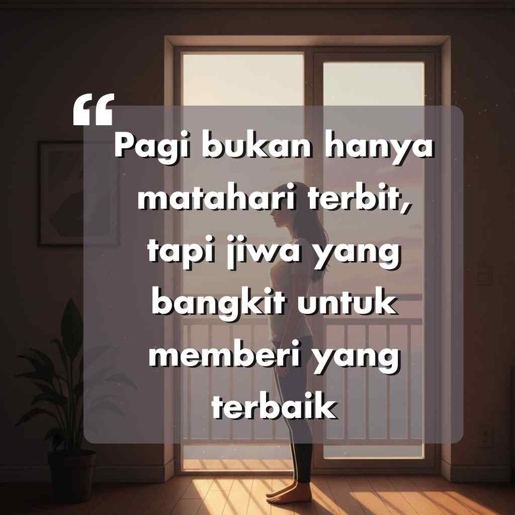 Seseorang berdiri di dekat jendela dengan cahaya matahari yang masuk, dan sebuah kutipan motivasi Indonesia di atasnya: Pagi bukan hanya matahari terbit, tapi jiwa yang bangkit untuk memberi yang terbaik.