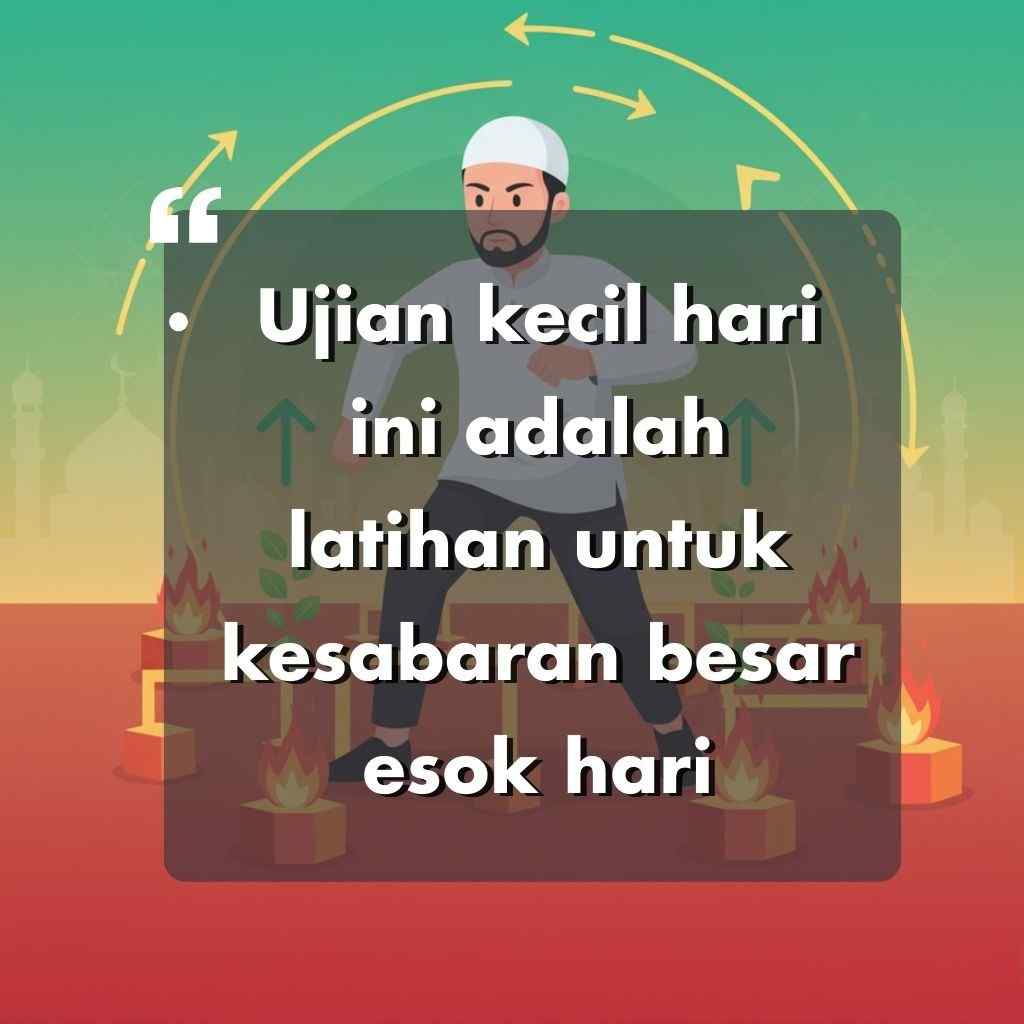 Seorang pria dengan pakaian Islami berdiri dengan tangan terangkat, dikelilingi oleh api dan panah. Latar belakangnya menunjukkan siluet masjid. Teks yang dilapiskan dalam bahasa Indonesia berisi kata-kata motivasi hidup: Ujian kecil hari ini adalah latihan untuk kesabaran yang lebih besar di hari esok.
