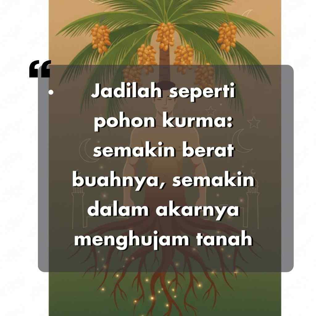 Ilustrasi pohon kurma dengan akar yang dalam dan buah yang menggantung. Teks yang dilapiskan dalam bahasa Indonesia berbagi kata kata motivasi hidup: Jadilah seperti pohon kurma, semakin berat buahnya, semakin dalam akarnya menghujam ke dalam tanah.