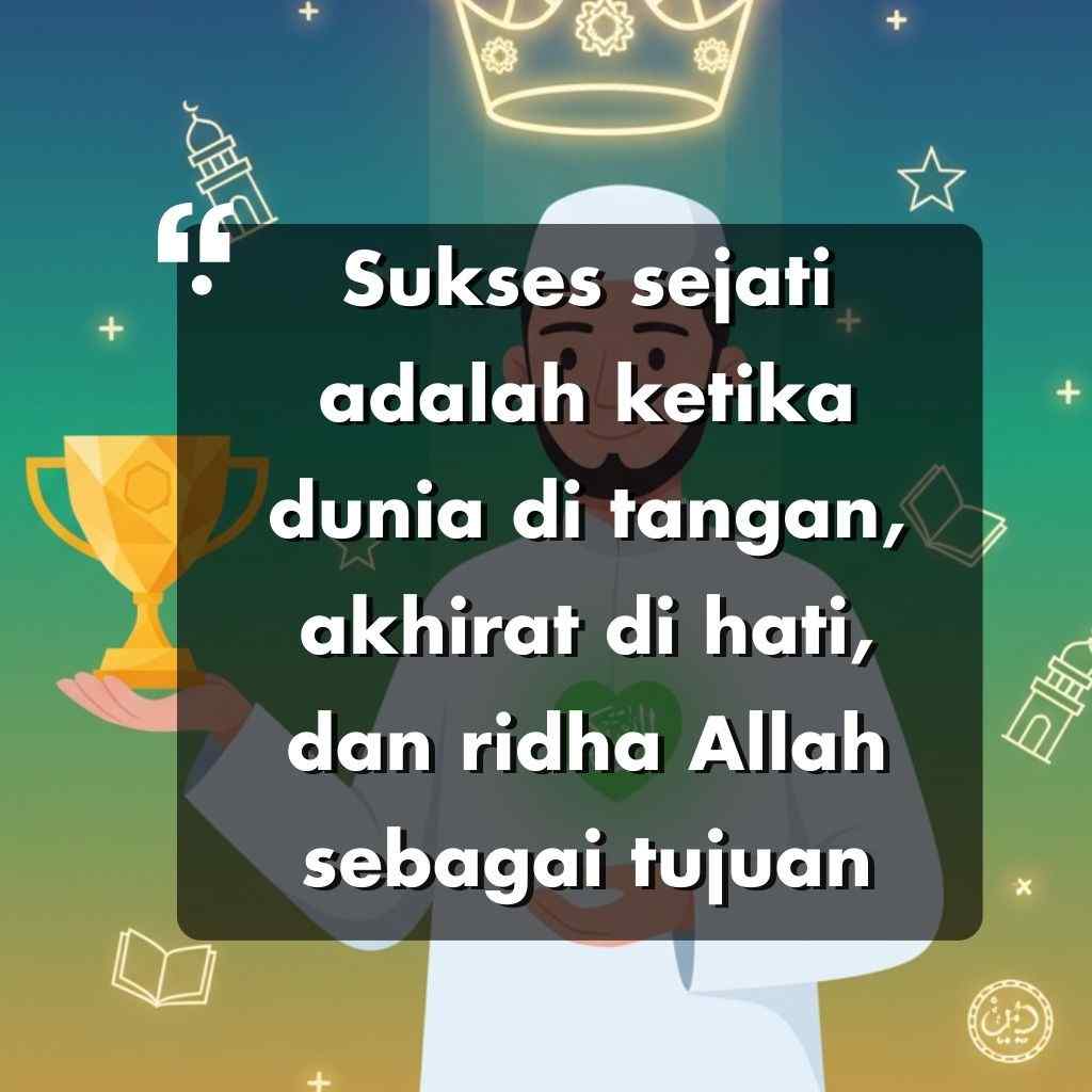 Seorang pria kartun berjubah putih memegang piala emas dan hati berwarna hijau. Di belakangnya terdapat bintang-bintang, kubah masjid, dan ikon-ikon Islam. Kata kata motivasi hidup tentang kesuksesan sejati ditampilkan dalam bahasa Indonesia.