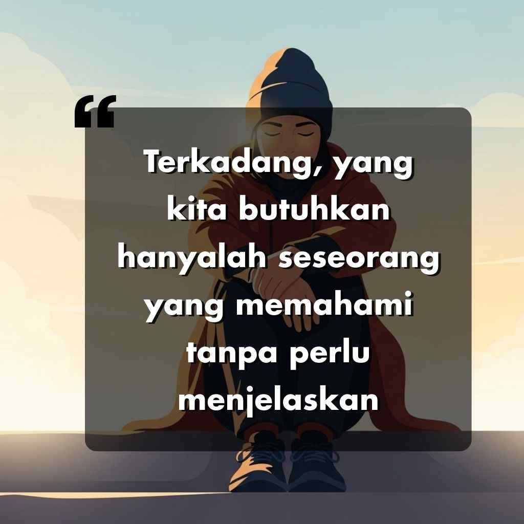 Seseorang yang mengenakan hoodie duduk sendirian di luar ruangan saat matahari terbit dengan kepala tertunduk. Kutipan dalam bahasa Indonesia dengan huruf tebal melapisi gambar tersebut, berbunyi, Terkadang, yang kita butuhkan hanyalah seseorang yang mengerti tanpa perlu menjelaskan.