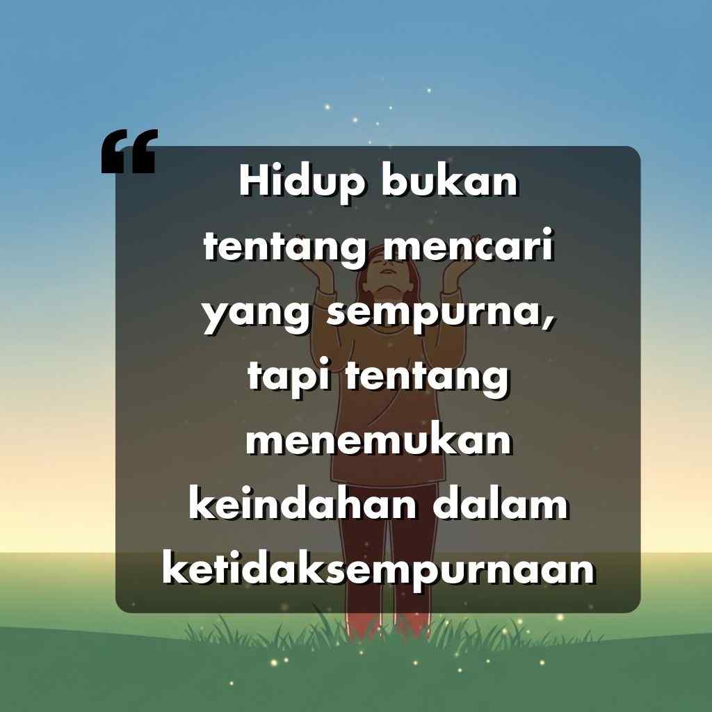 Seseorang berdiri dengan tangan terangkat dengan latar belakang langit biru dan kuning. Teks yang dilapiskan dalam bahasa Indonesia berbunyi, Hidup bukan tentang mencari yang sempurna, tetapi tentang menemukan keindahan dalam ketidaksempurnaan.