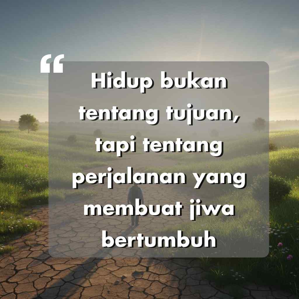 Sebuah kutipan dalam bahasa Indonesia di sebuah kotak semi-transparan berbunyi, "Hidup bukan tentang tujuan, tetapi tentang perjalanan yang membuat jiwa bertumbuh," diletakkan di atas jalan setapak yang disinari matahari melalui lapangan hijau dengan satu orang berjalan.
