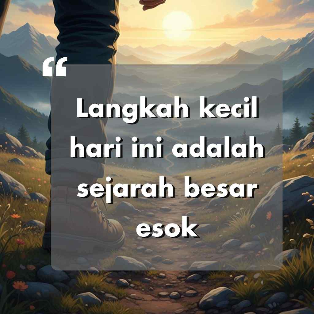 Seseorang yang berdiri di jalan berbatu dengan latar belakang pegunungan dan matahari terbit. Teks yang dilapiskan dalam bahasa Indonesia berbunyi: Langkah kecil hari ini adalah sejarah besar esok.