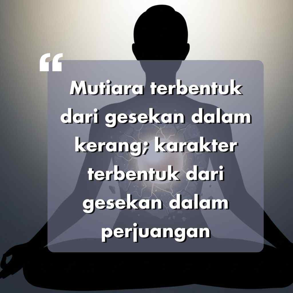 Siluet seseorang yang sedang bermeditasi dalam posisi teratai dengan cahaya yang bersinar di dadanya. Teks yang dilapiskan dalam bahasa Indonesia berbunyi, Mutiara terbentuk dari gesekan dalam kerang; karakter terbentuk dari gesekan dalam perjuangan.