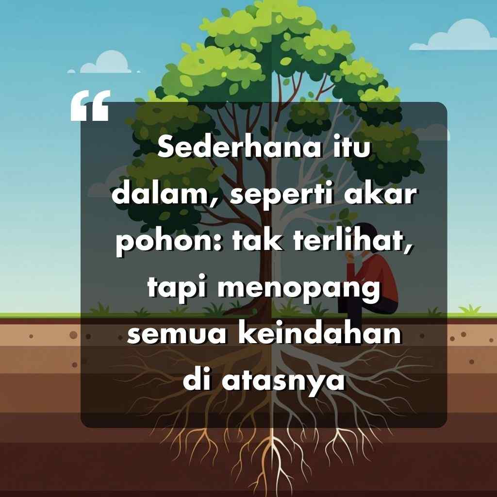 Ilustrasi pohon dengan akar yang terlihat di bawah tanah dan dedaunan hijau yang rimbun di atas tanah. Sebuah kutipan dalam bahasa Indonesia dilapiskan: Sederhana itu dalam, seperti akar pohon: tak terlihat, tetapi menopang semua keindahan di atasnya.