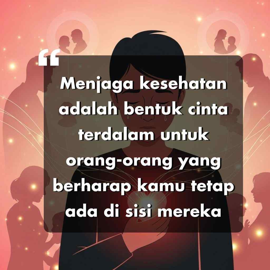 Seseorang dengan tangan bersatu dalam doa disiluminasi dengan latar belakang bercahaya dengan gambar hati dan keluarga. Kutipan bahasa Indonesia tentang kesehatan dan cinta ditampilkan dalam teks putih tebal di atas persegi panjang berwarna gelap.