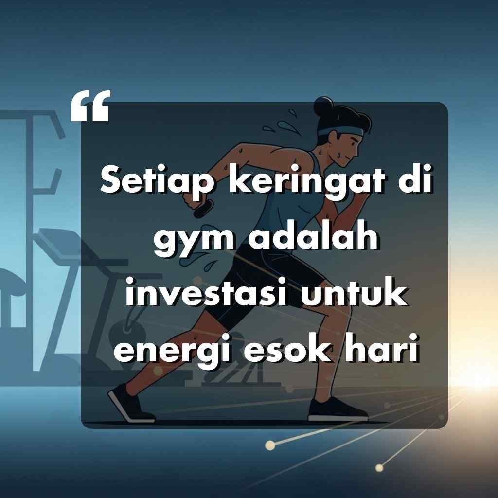 Grafik seseorang yang sedang berlari di gym dengan latar belakang peralatan gym. Hamparan teks dalam bahasa Indonesia: Setiap keringat di gym adalah investasi untuk energi esok hari.
