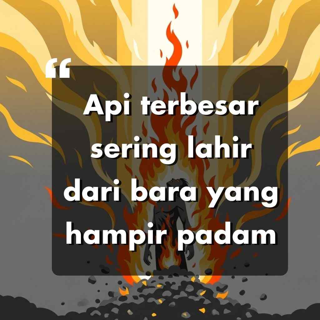 Siluet seseorang berdiri dikelilingi oleh api yang besar dan berkobar serta asap yang mengepul, dengan teks bahasa Indonesia: Api terbesar sering kali lahir dari bara yang hampir padam yang berpusat di depan.