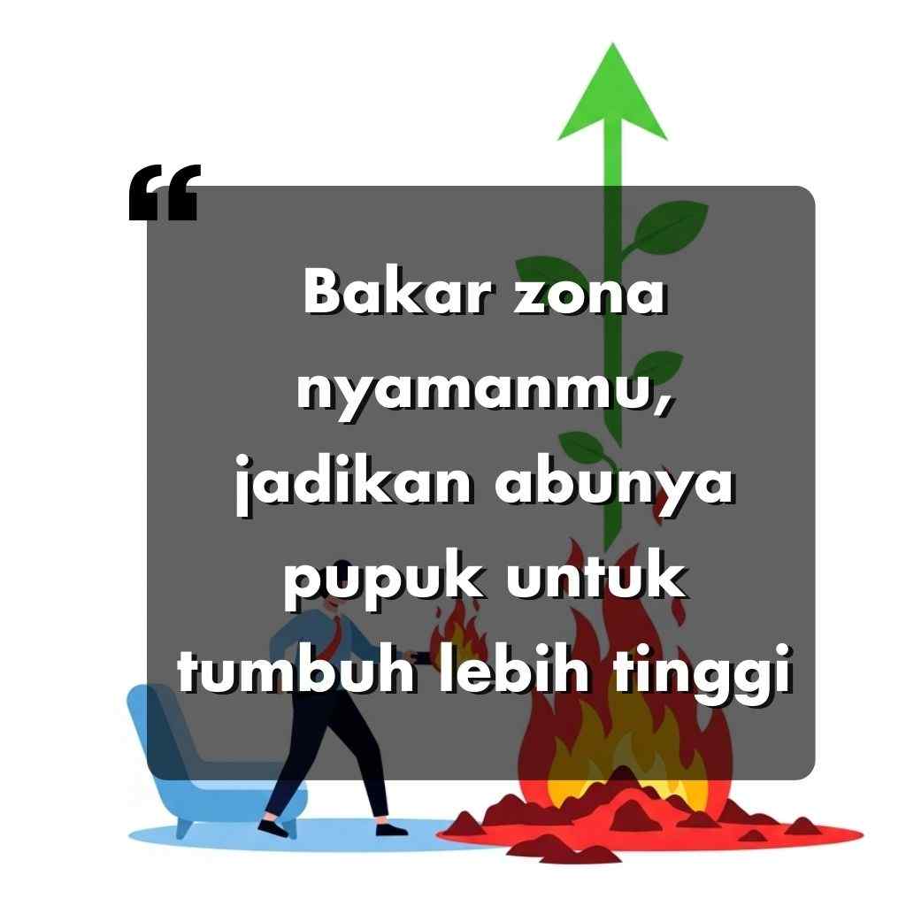 Ilustrasi seseorang yang berdiri di dekat kursi yang terbakar dengan api, panah ke atas berwarna hijau yang melambangkan pertumbuhan, dan teks motivasi bahasa Indonesia tentang meninggalkan zona nyaman untuk pertumbuhan yang lebih besar.