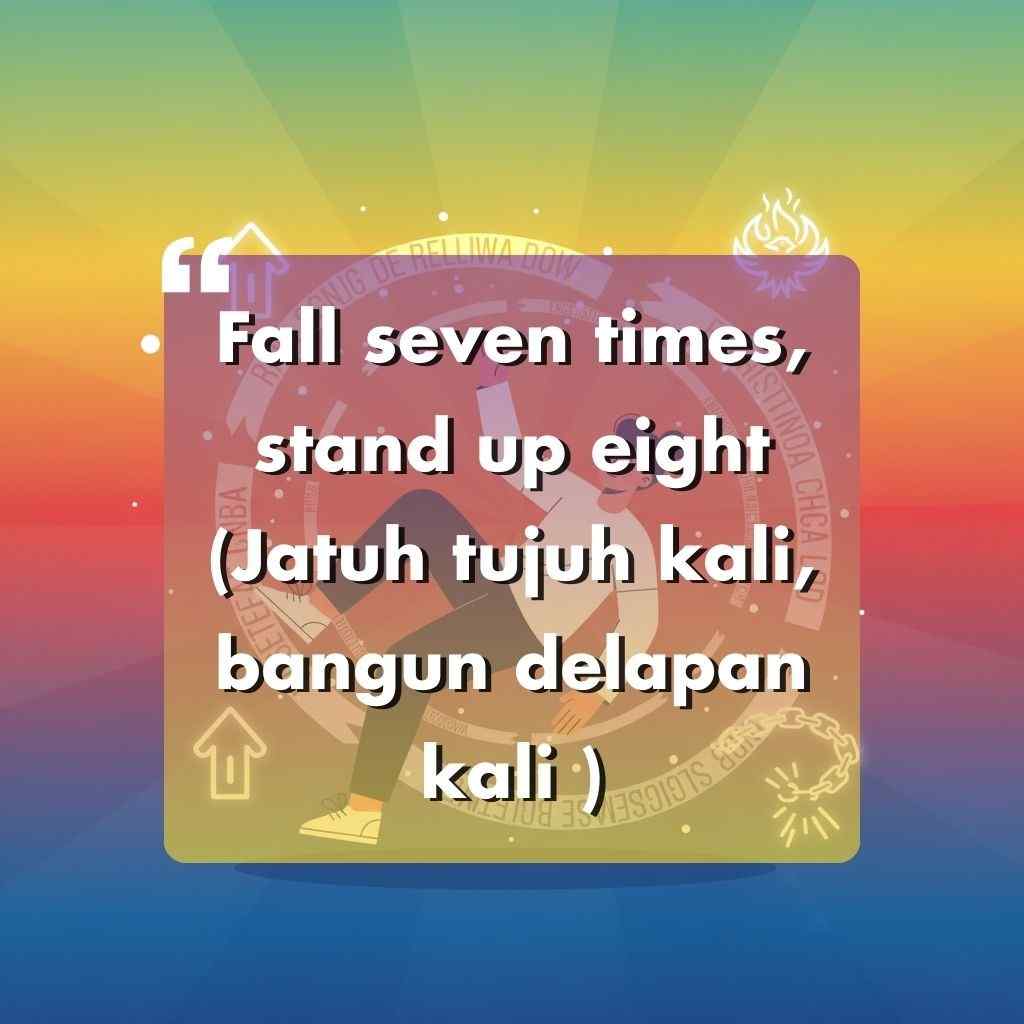 Kutipan motivasi dengan latar belakang gradien warna-warni berbunyi: Fall seven times, stand up eight (Jatuh tujuh kali, bangun delapan kali), kata kata motivasi hidup, dengan siluet seseorang yang sedang berdiri.